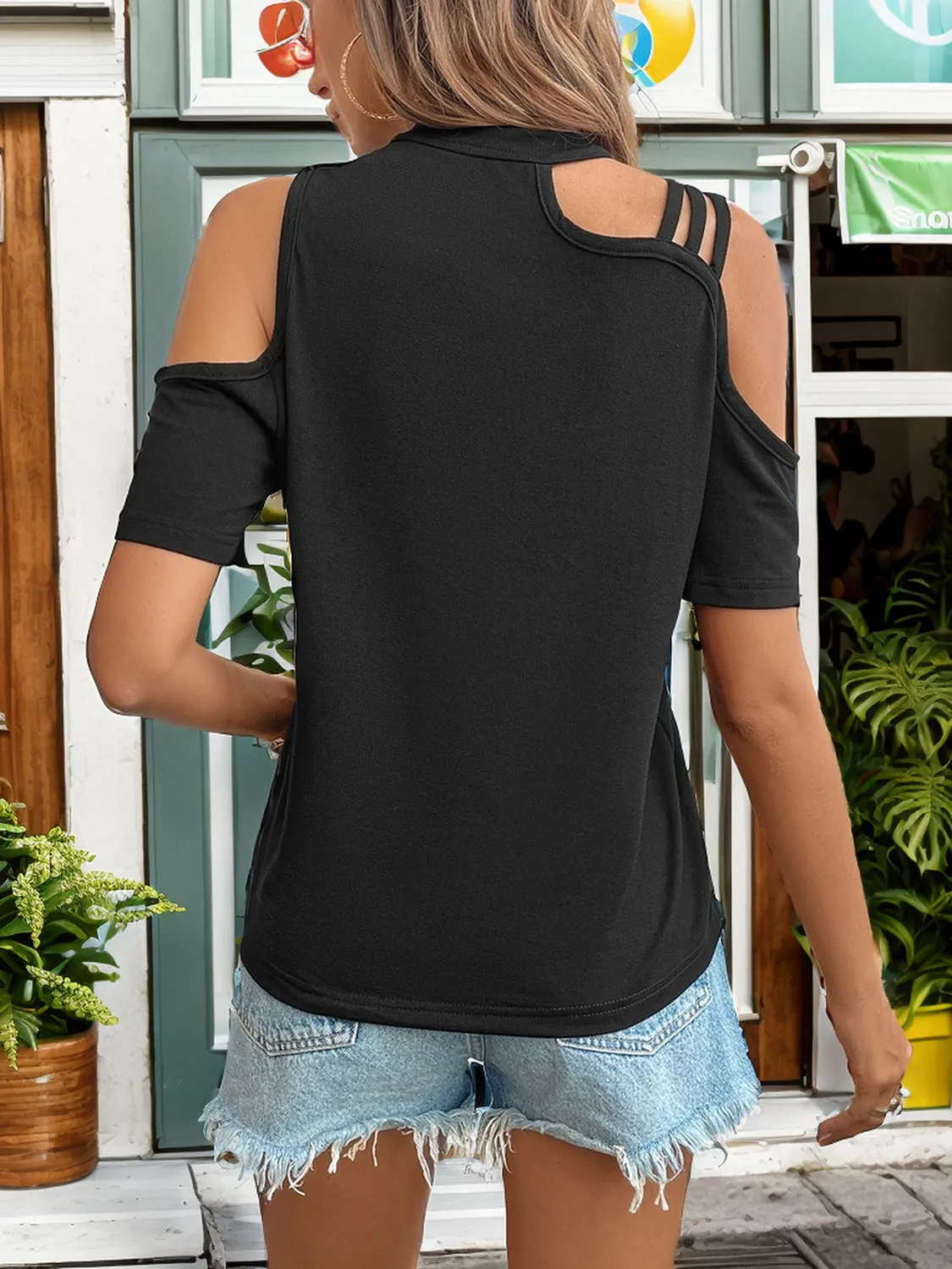 Asymmetric Cold Shoulder Short Sleeve T-Shirt sold by Charming Charlie product image thumbnail 2