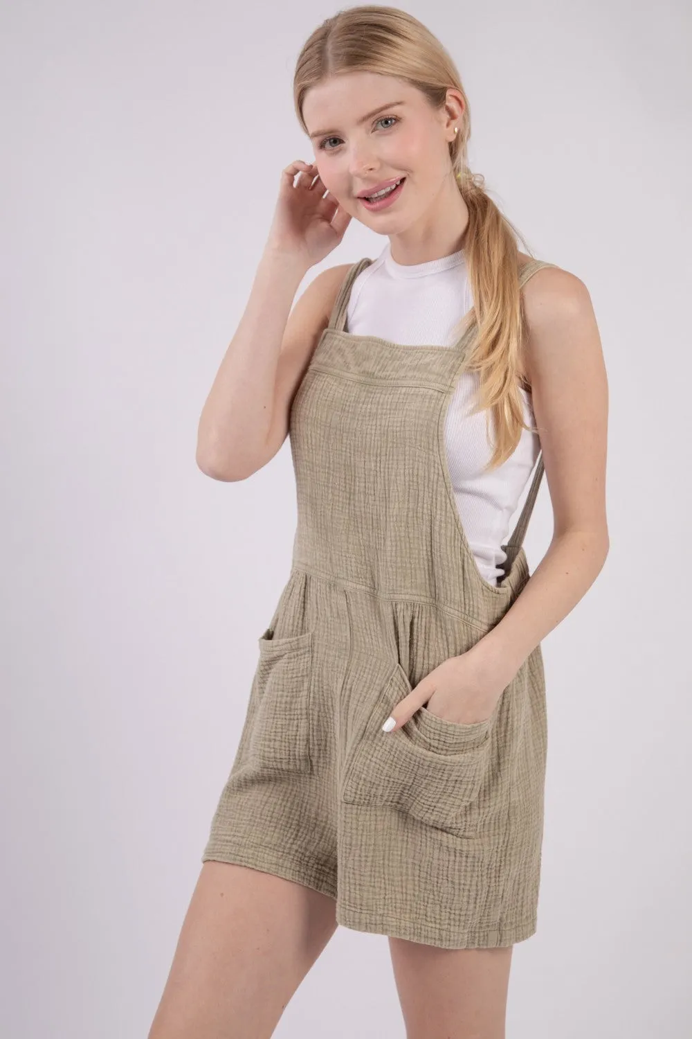VERY J Sleeveless Double Gauze Overalls with Pockets sold by Charming Charlie product image thumbnail 2