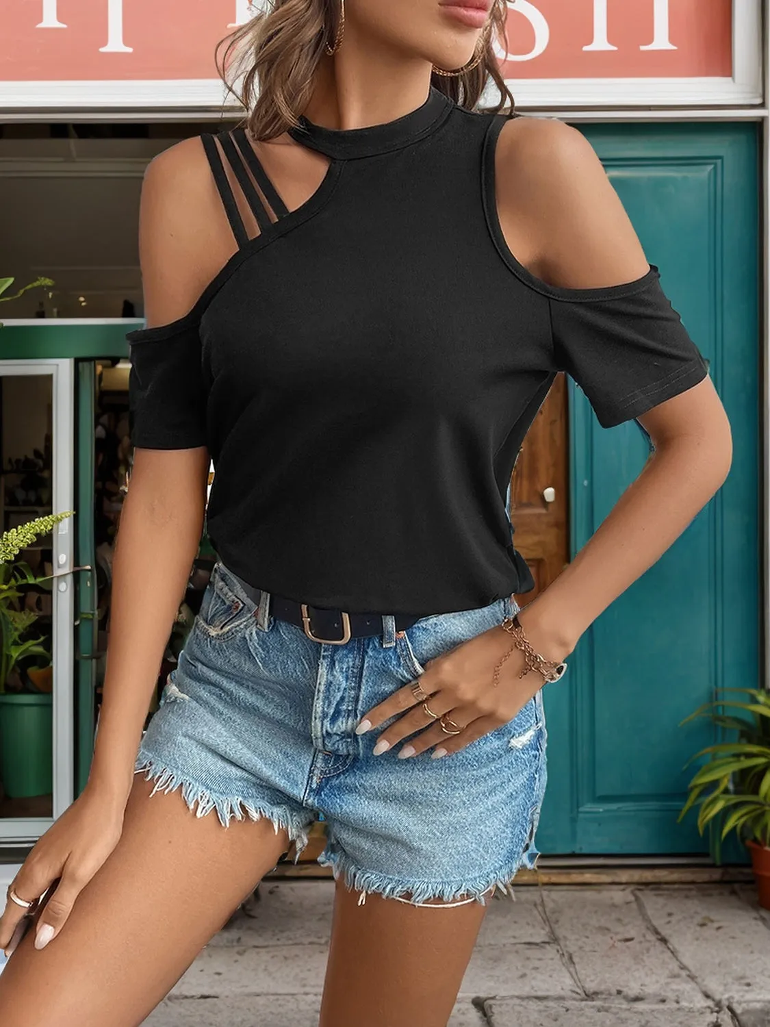 Asymmetric Cold Shoulder Short Sleeve T-Shirt sold by Charming Charlie product image thumbnail 3
