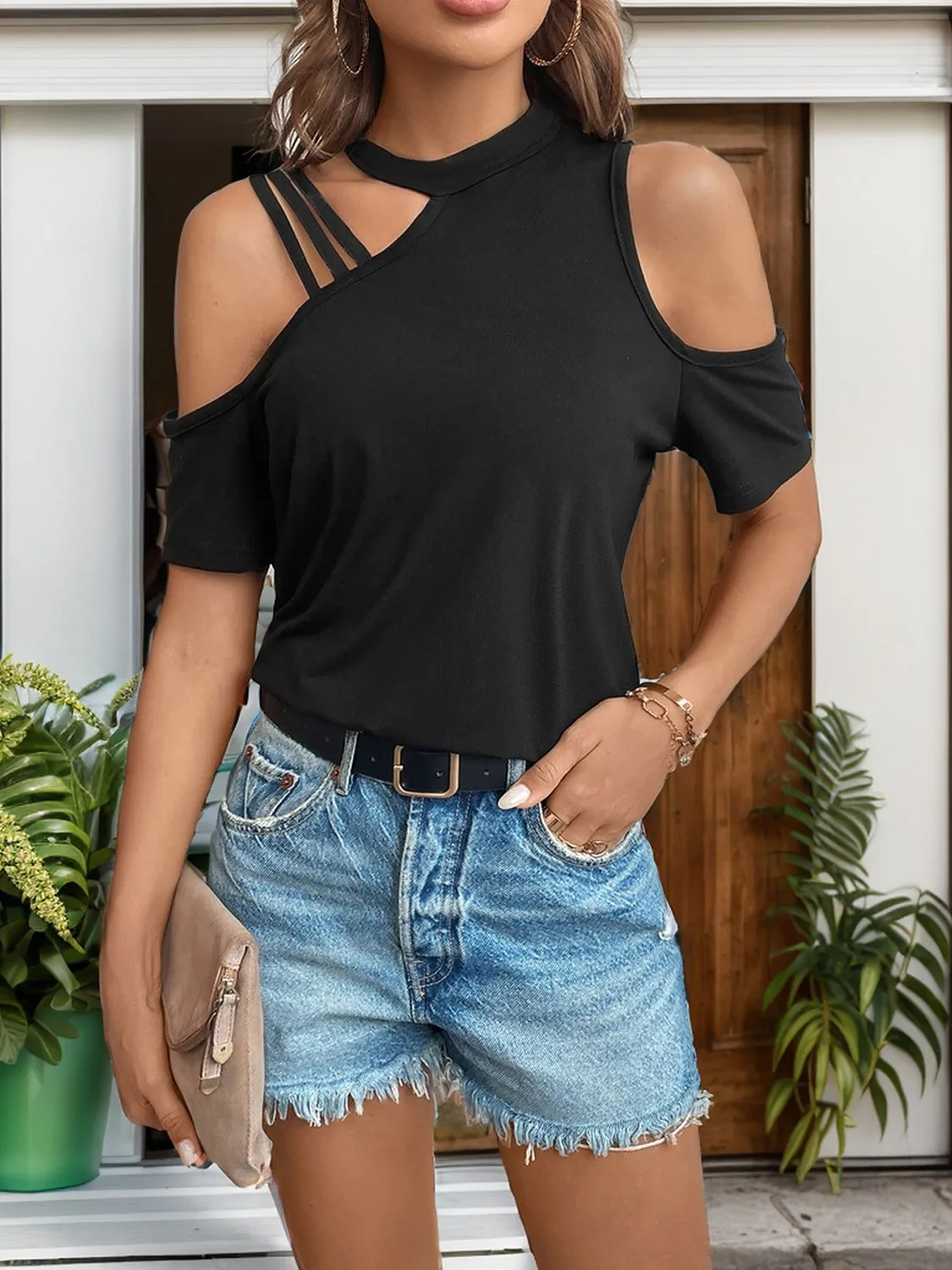 Asymmetric Cold Shoulder Short Sleeve T-Shirt sold by Charming Charlie