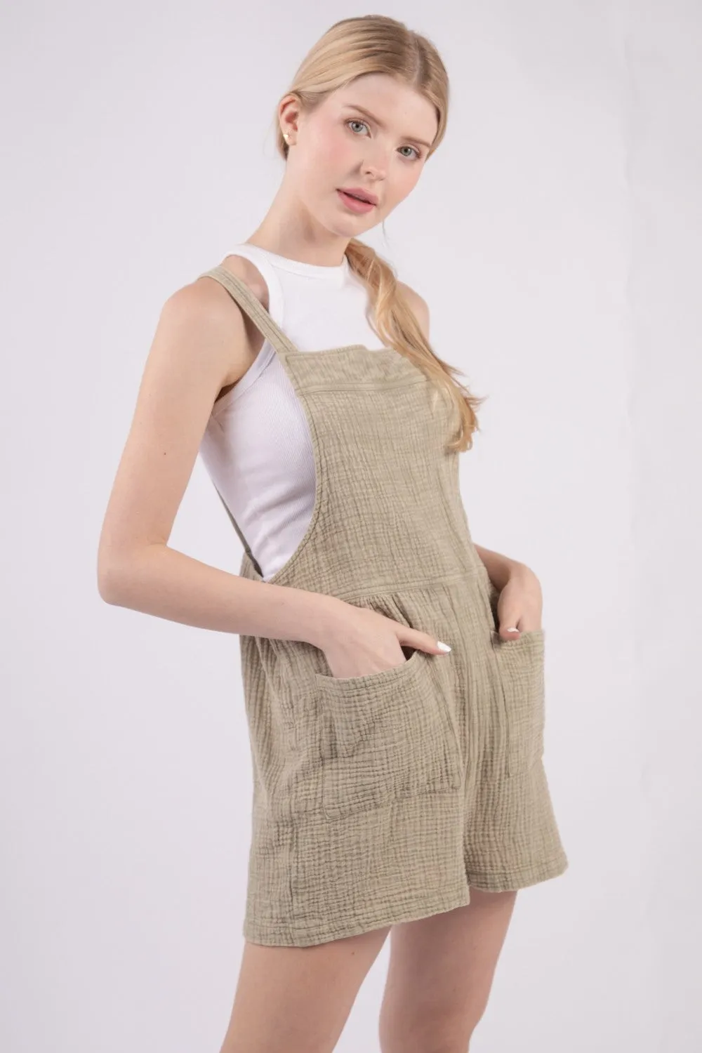 VERY J Sleeveless Double Gauze Overalls with Pockets sold by Charming Charlie