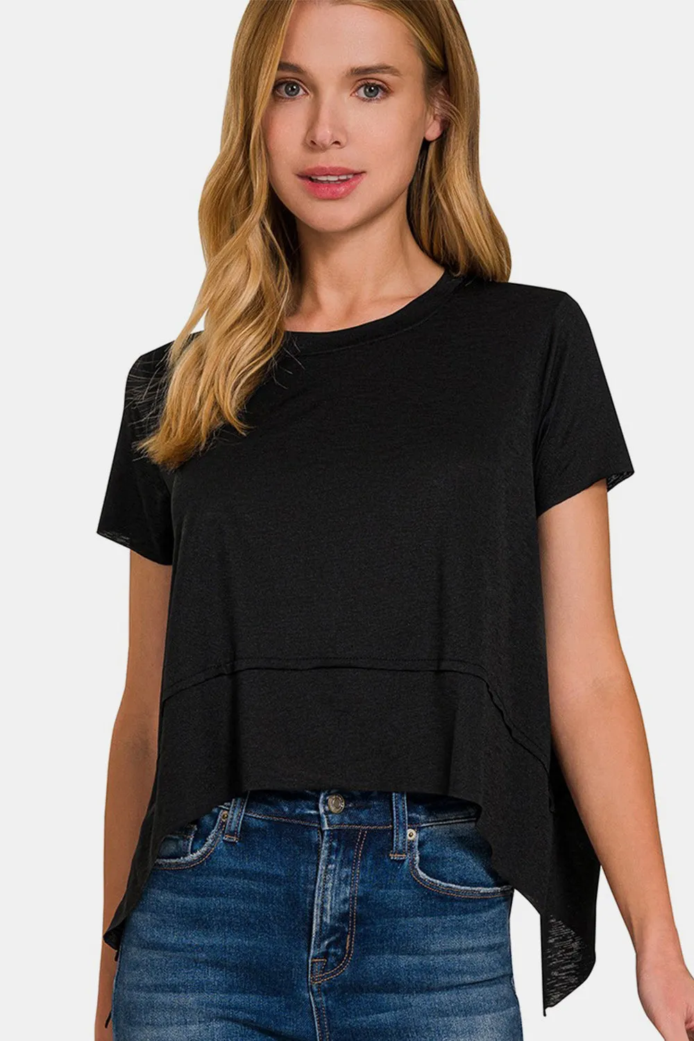 Zenana Slit High-Low Round Neck T-Shirt sold by Charming Charlie