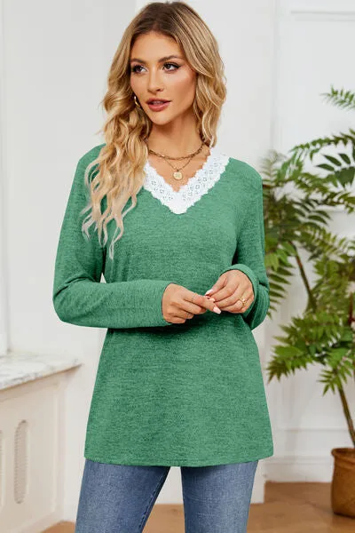 Lace Detail V-Neck Long Sleeve T-Shirt sold by Charming Charlie