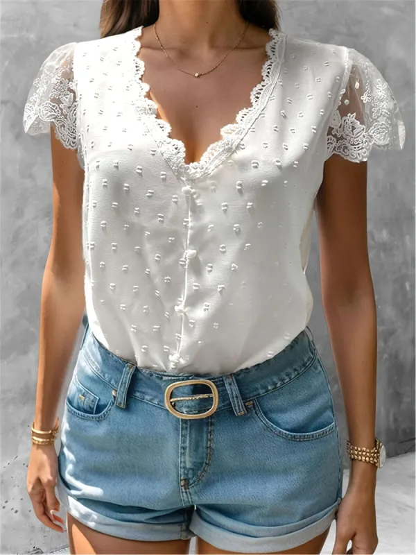 Swiss Dot Lace Detail V-Neck Cap Sleeve Blouse sold by Charming Charlie