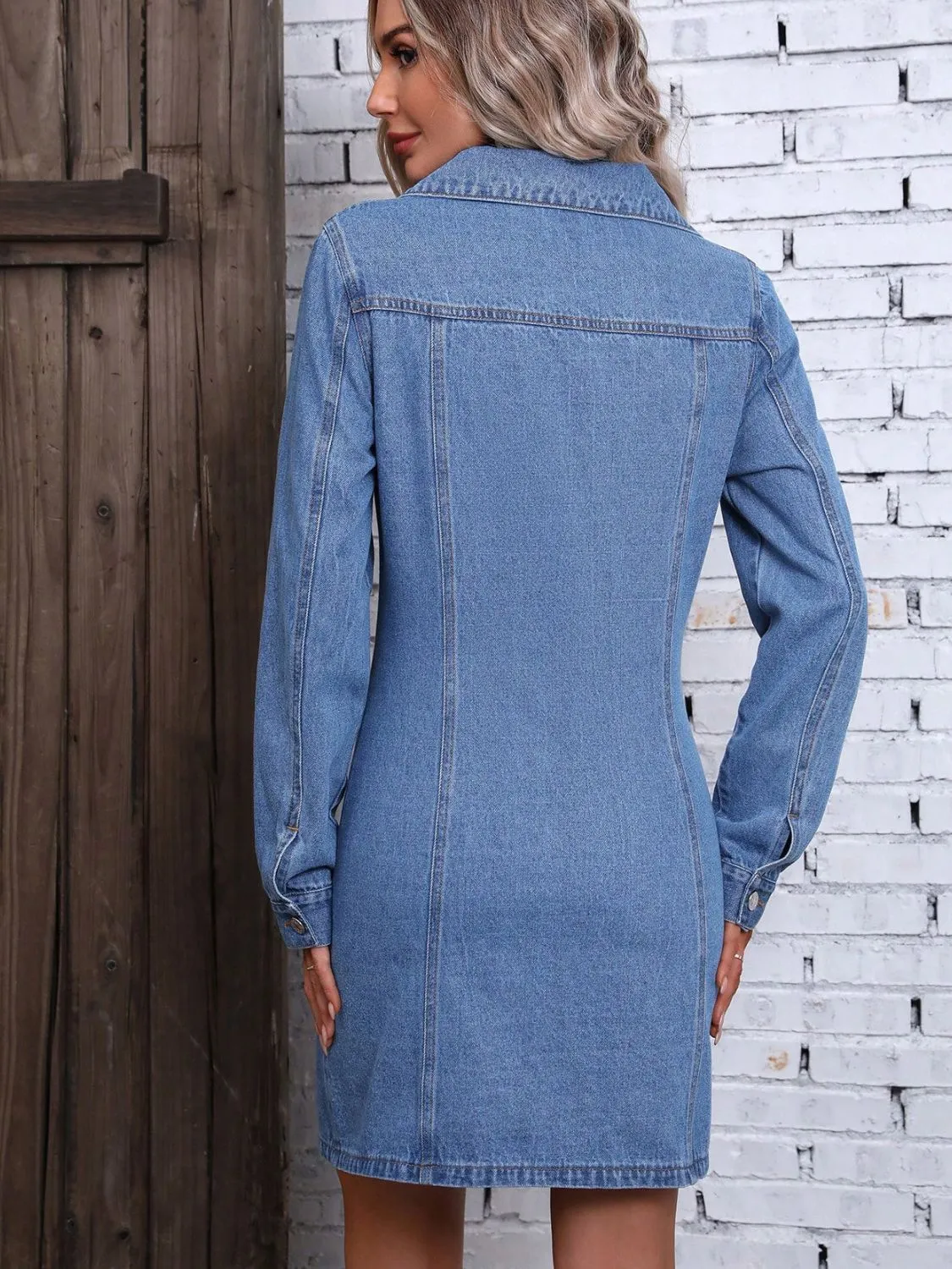 Ruched Button Up Long Sleeve Denim Dress sold by Charming Charlie product image thumbnail 2