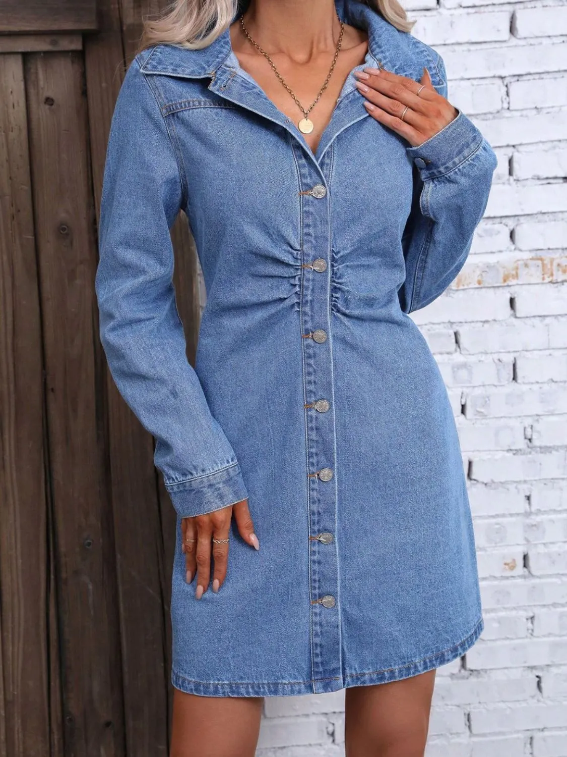 Ruched Button Up Long Sleeve Denim Dress sold by Charming Charlie product image thumbnail 4