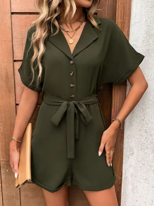 Half Button Tie Waist Short Sleeve Romper sold by Charming Charlie