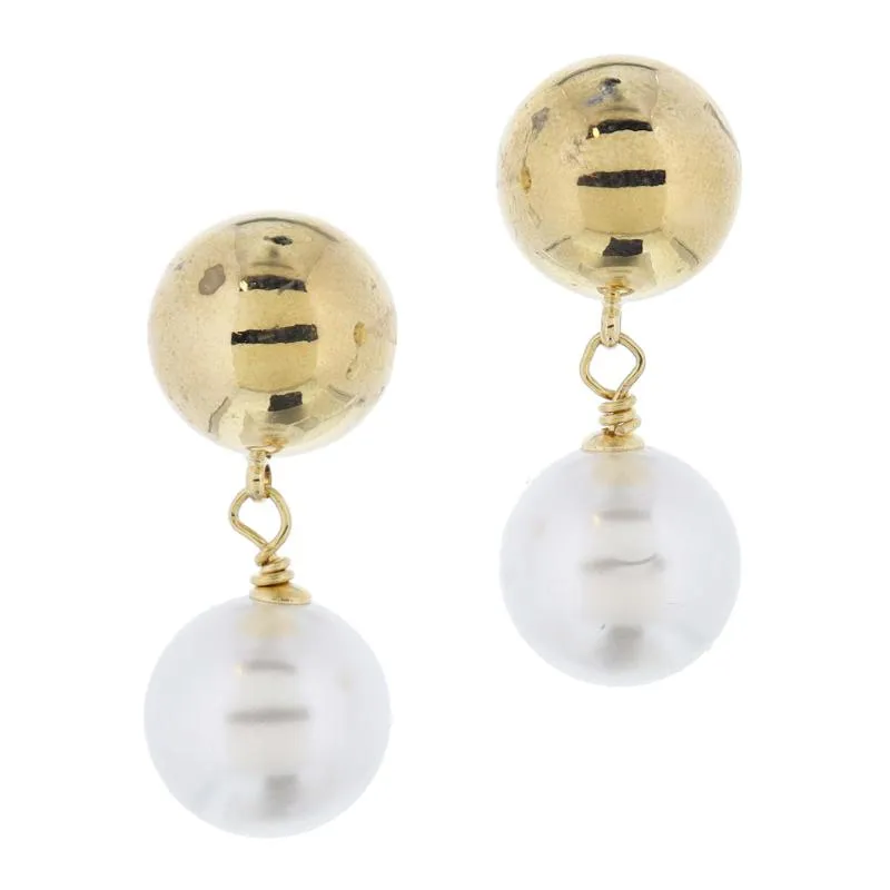 Large Gold Ball with Large Pearl Dangle Earrings, 1.5" Top to Bottom sold by Charming Charlie