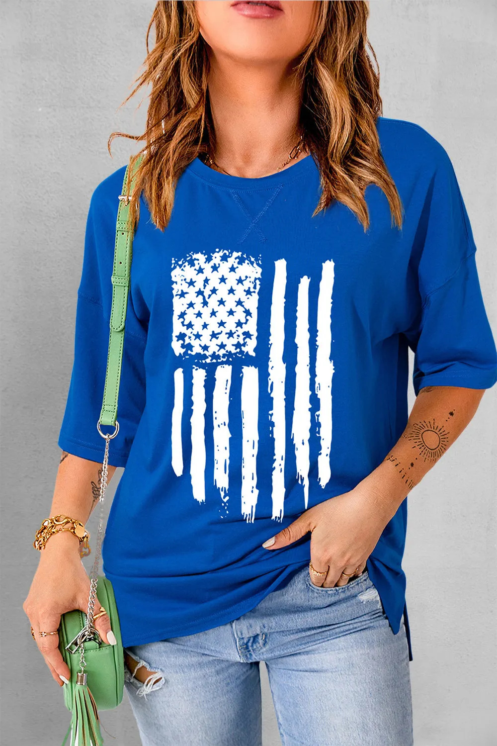 US Flag Round Neck Short Sleeve T-Shirt sold by Charming Charlie