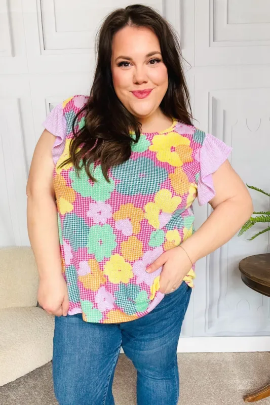 Feeling Playful Fuchsia Floral Textured Ruffle Sleeve Top sold by Charming Charlie