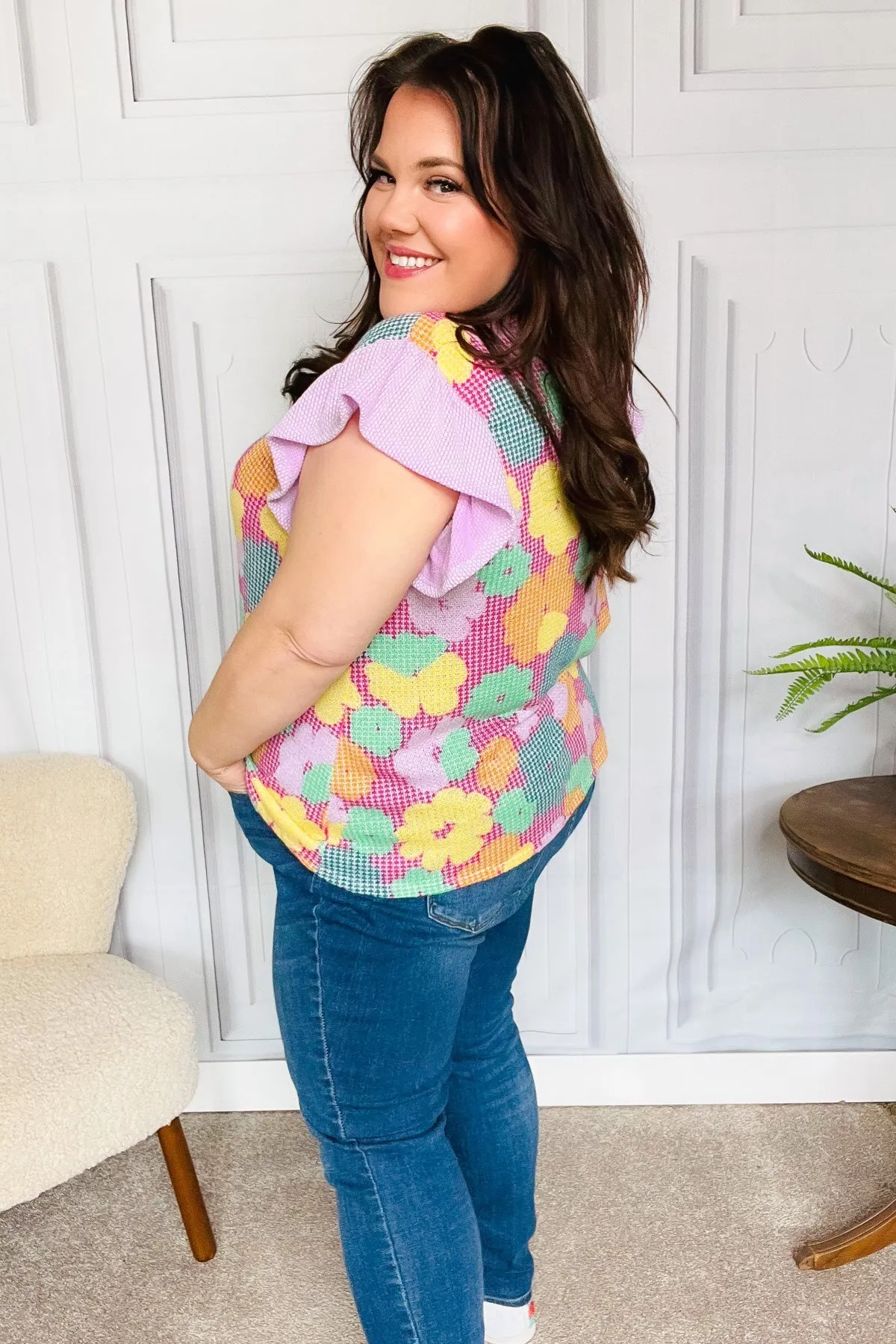 Feeling Playful Fuchsia Floral Textured Ruffle Sleeve Top sold by Charming Charlie product image thumbnail 5