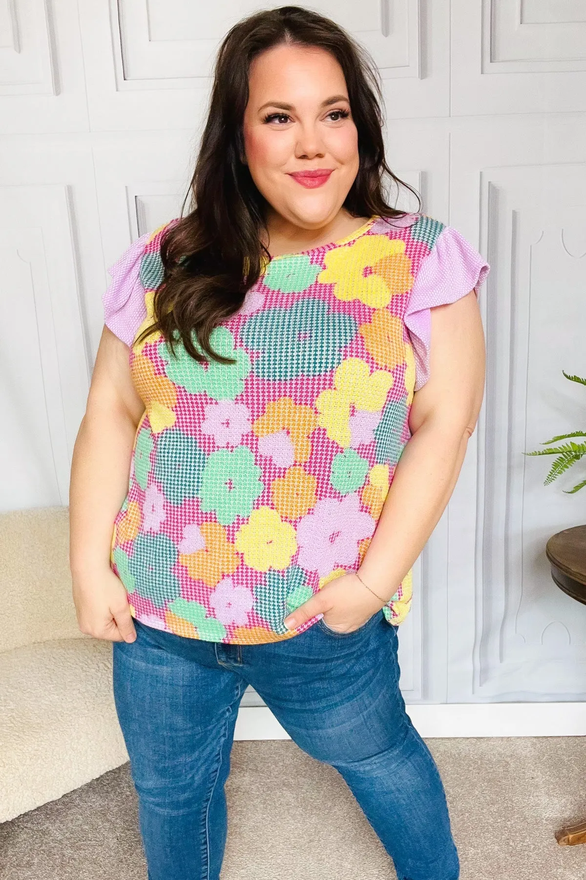 Feeling Playful Fuchsia Floral Textured Ruffle Sleeve Top sold by Charming Charlie product image thumbnail 4
