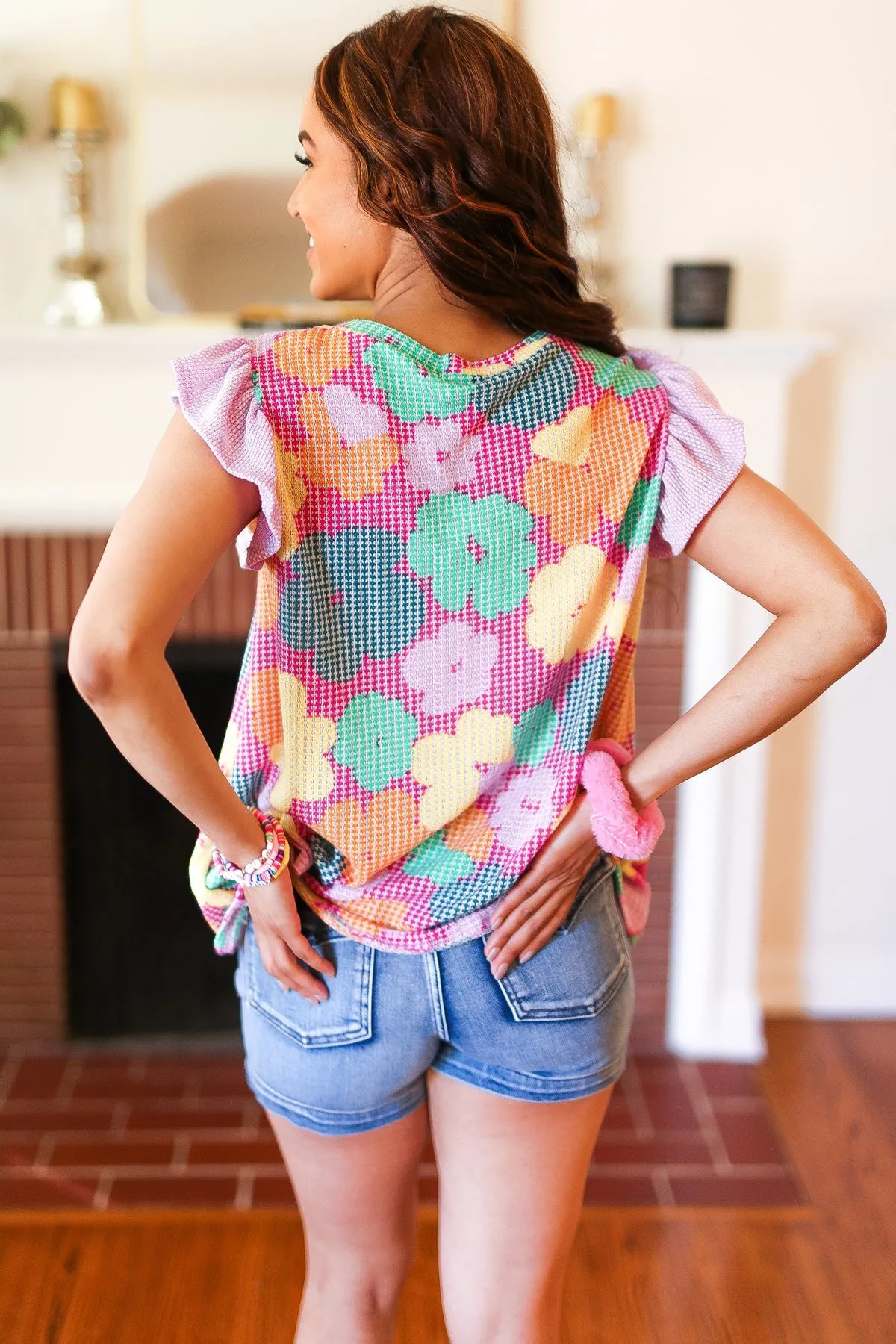 Feeling Playful Fuchsia Floral Textured Ruffle Sleeve Top sold by Charming Charlie product image thumbnail 3