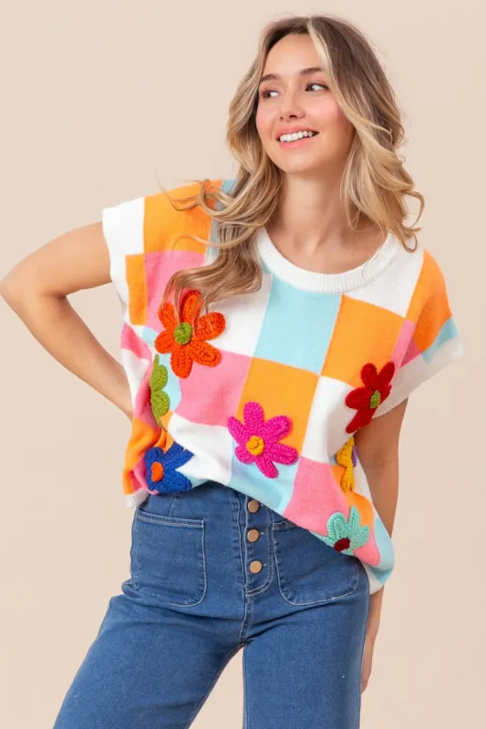 BiBi Flower Patch Checkered Sweater Vest sold by Charming Charlie