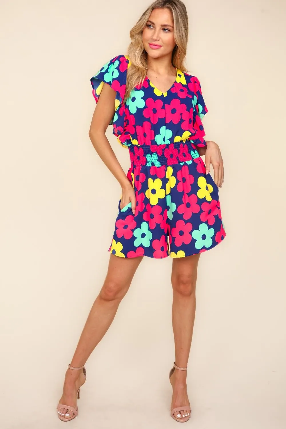 Haptics Floral Smocked Waist Romper with Side Pockets sold by Charming Charlie product image thumbnail 3