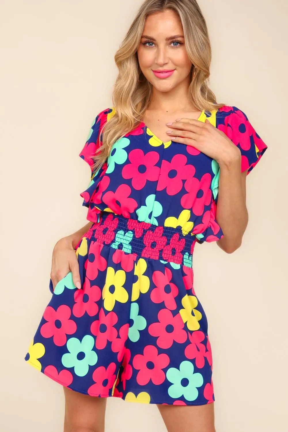 Haptics Floral Smocked Waist Romper with Side Pockets sold by Charming Charlie product image thumbnail 4