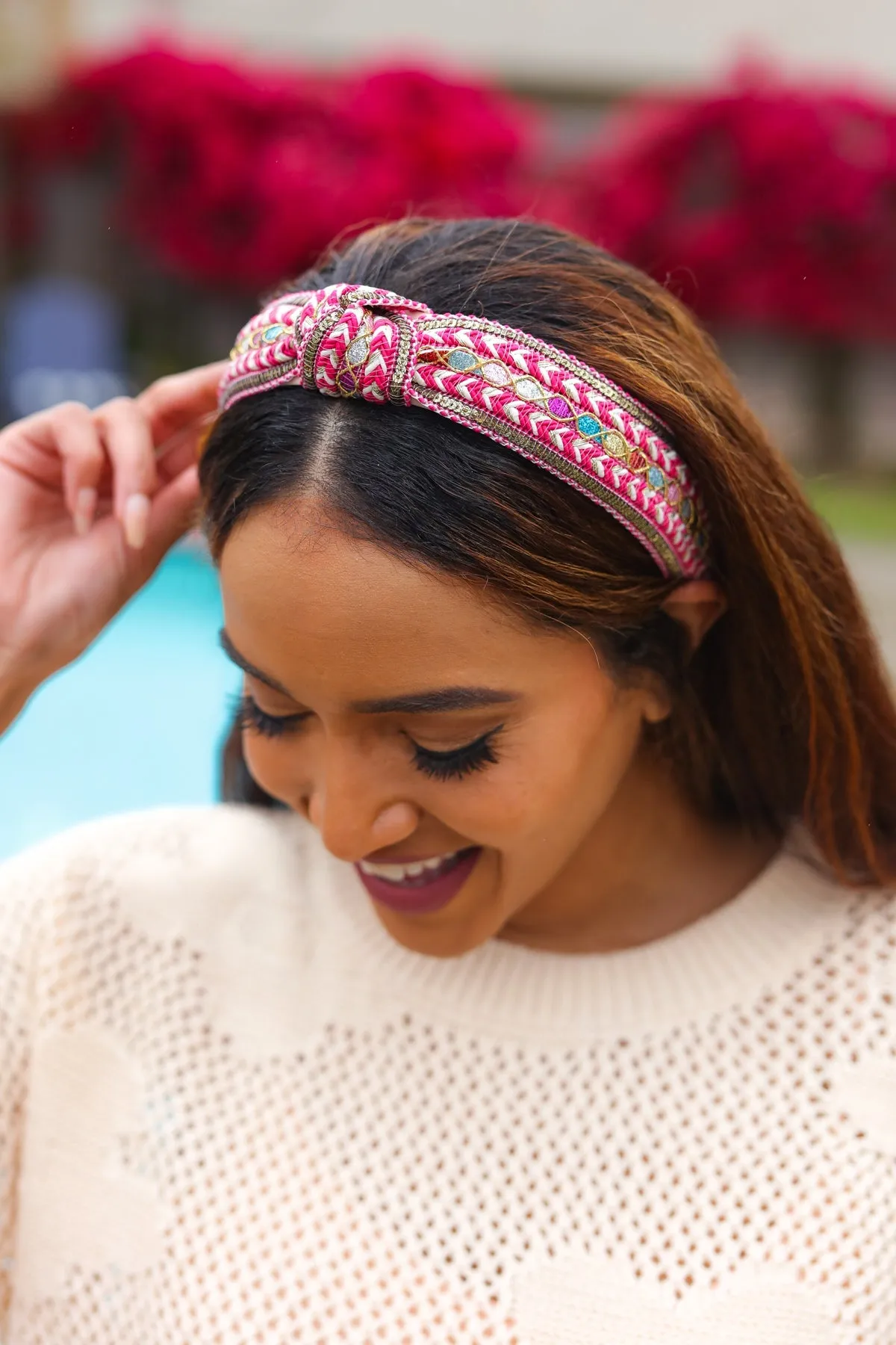 Fuchsia Sequin & Multicolor Glitter Boho Top Knot Headband sold by Charming Charlie