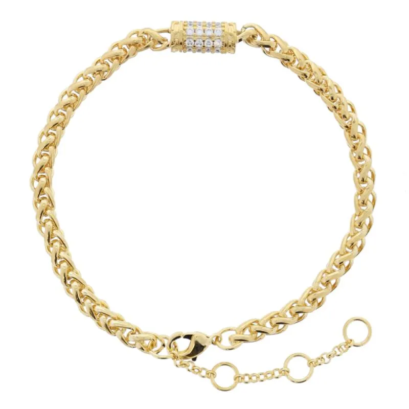 18K Gold Plated Wheat Chain with Short Pave Crystal Cylinder Bracelet, 7" Around sold by Charming Charlie