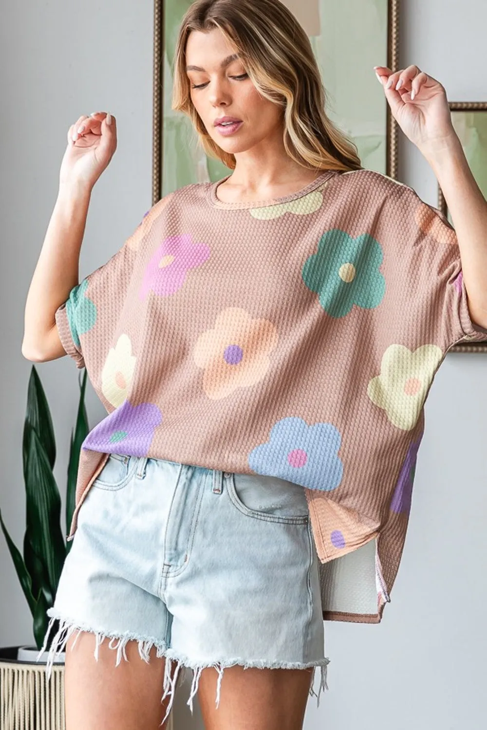 HOPELY Full Size Floral Round Neck Side Slit Waffle T-Shirt sold by Charming Charlie product image thumbnail 3