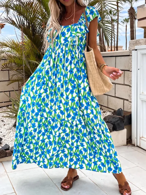 Ruffled Printed Cap Sleeve Midi Dress sold by Charming Charlie