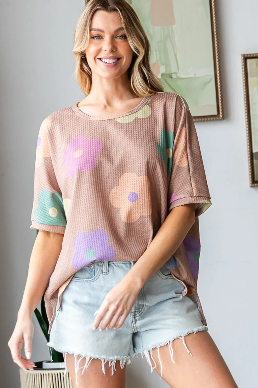 HOPELY Full Size Floral Round Neck Side Slit Waffle T-Shirt sold by Charming Charlie product image thumbnail 4
