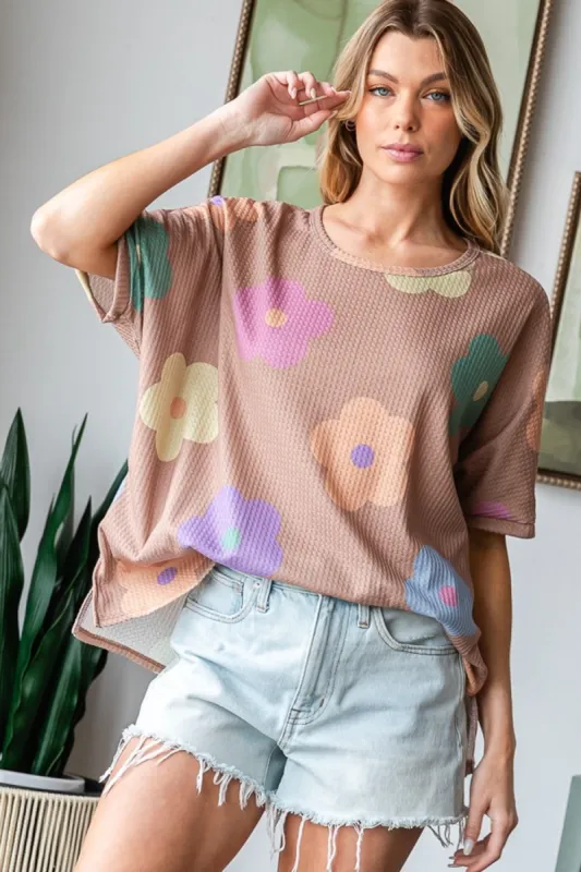 HOPELY Full Size Floral Round Neck Side Slit Waffle T-Shirt sold by Charming Charlie