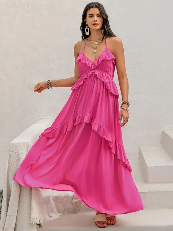 Ruffled Halter Neck Sleeveless Maxi Dress sold by Charming Charlie