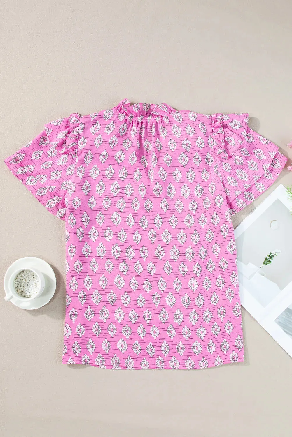 Ruffled Printed Tie Neck Short Sleeve Blouse sold by Charming Charlie product image thumbnail 3