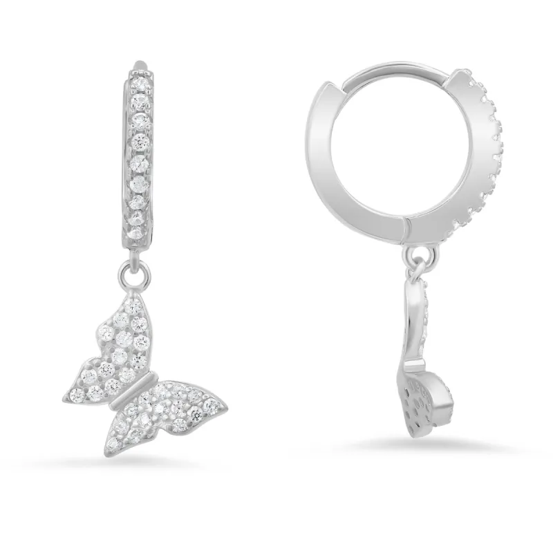 Sterling Silver Dangling Butterfly CZ Huggy Hoop Earrings sold by Charming Charlie