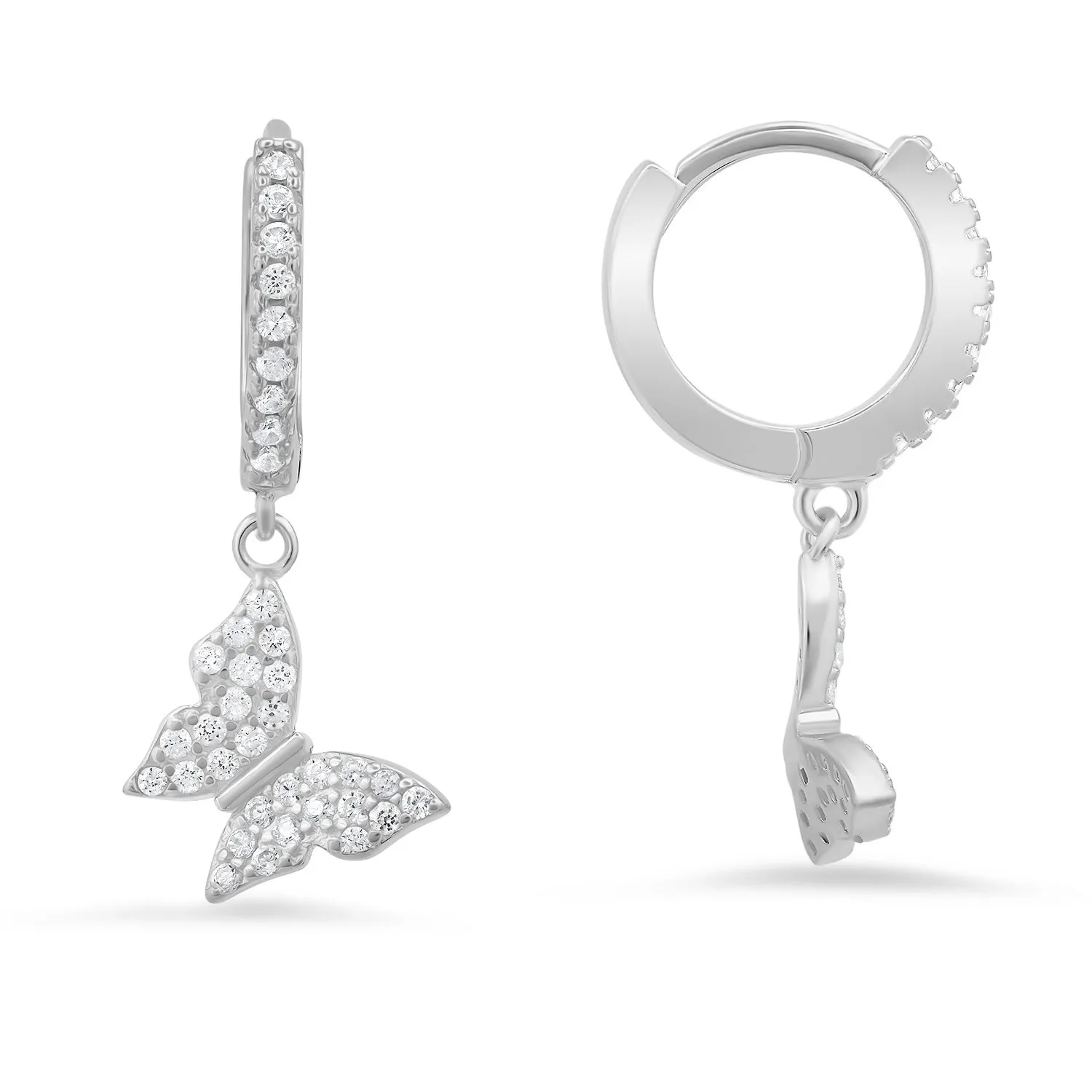 Sterling Silver Dangling Butterfly CZ Huggy Hoop Earrings sold by Charming Charlie