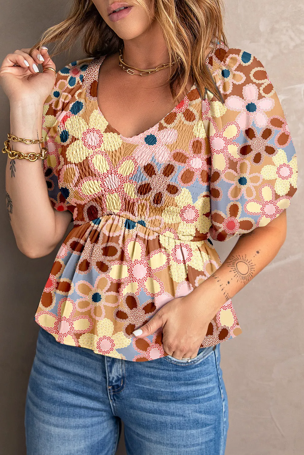 Smocked Printed V-Neck Half Sleeve Blouse sold by Charming Charlie