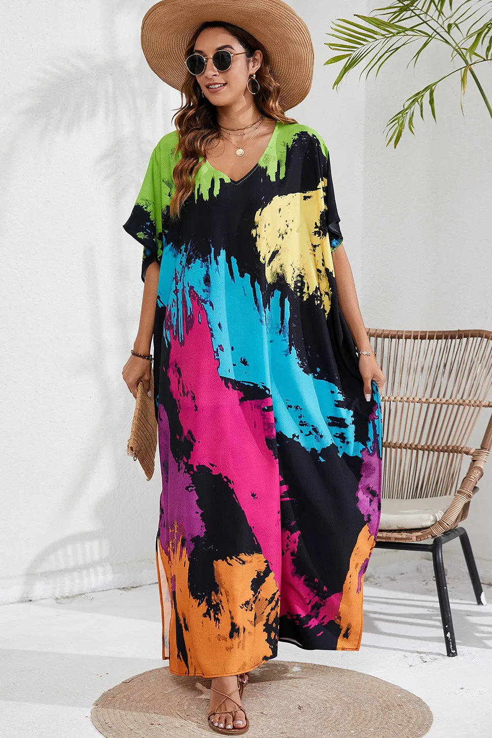 Slit Printed V-Neck Short Sleeve Cover Up sold by Charming Charlie