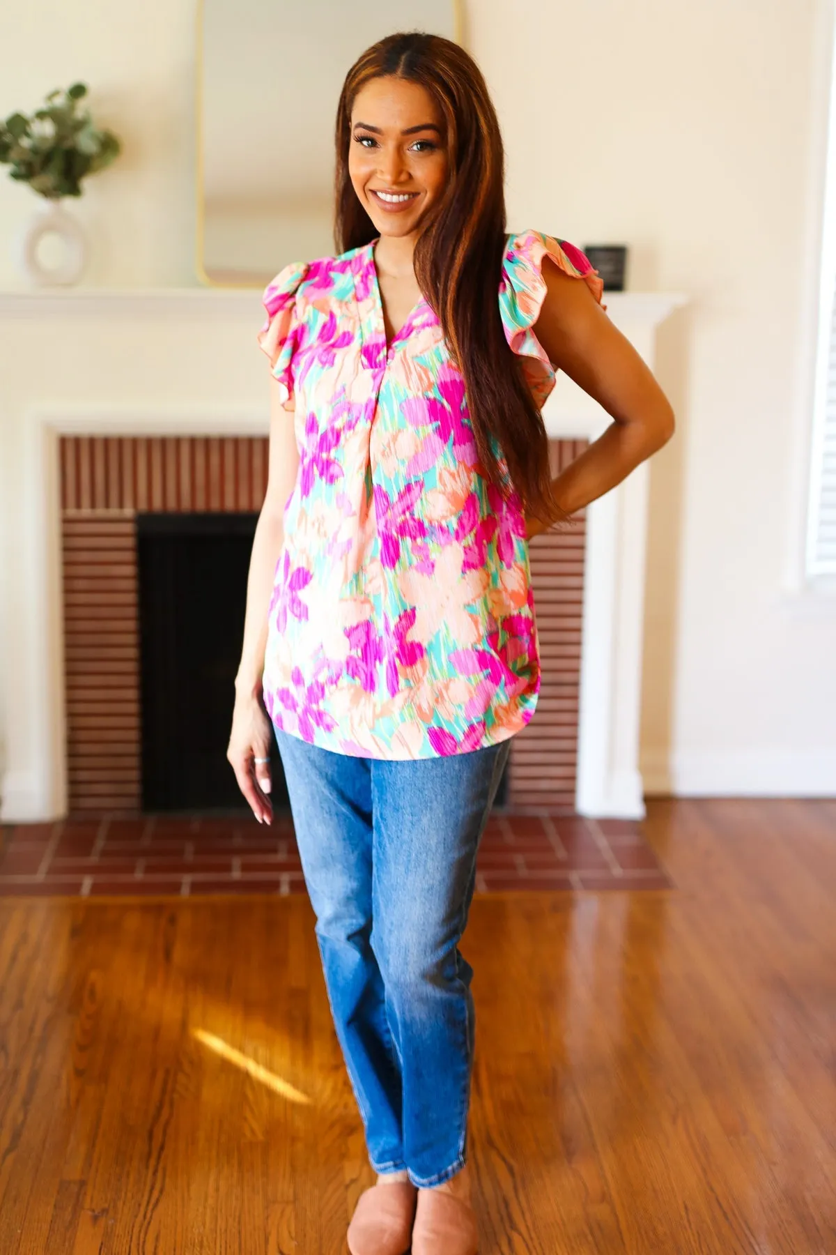 Tropical Breeze Peach Floral Banded V Neck Flutter Sleeve Top sold by Charming Charlie product image thumbnail 5