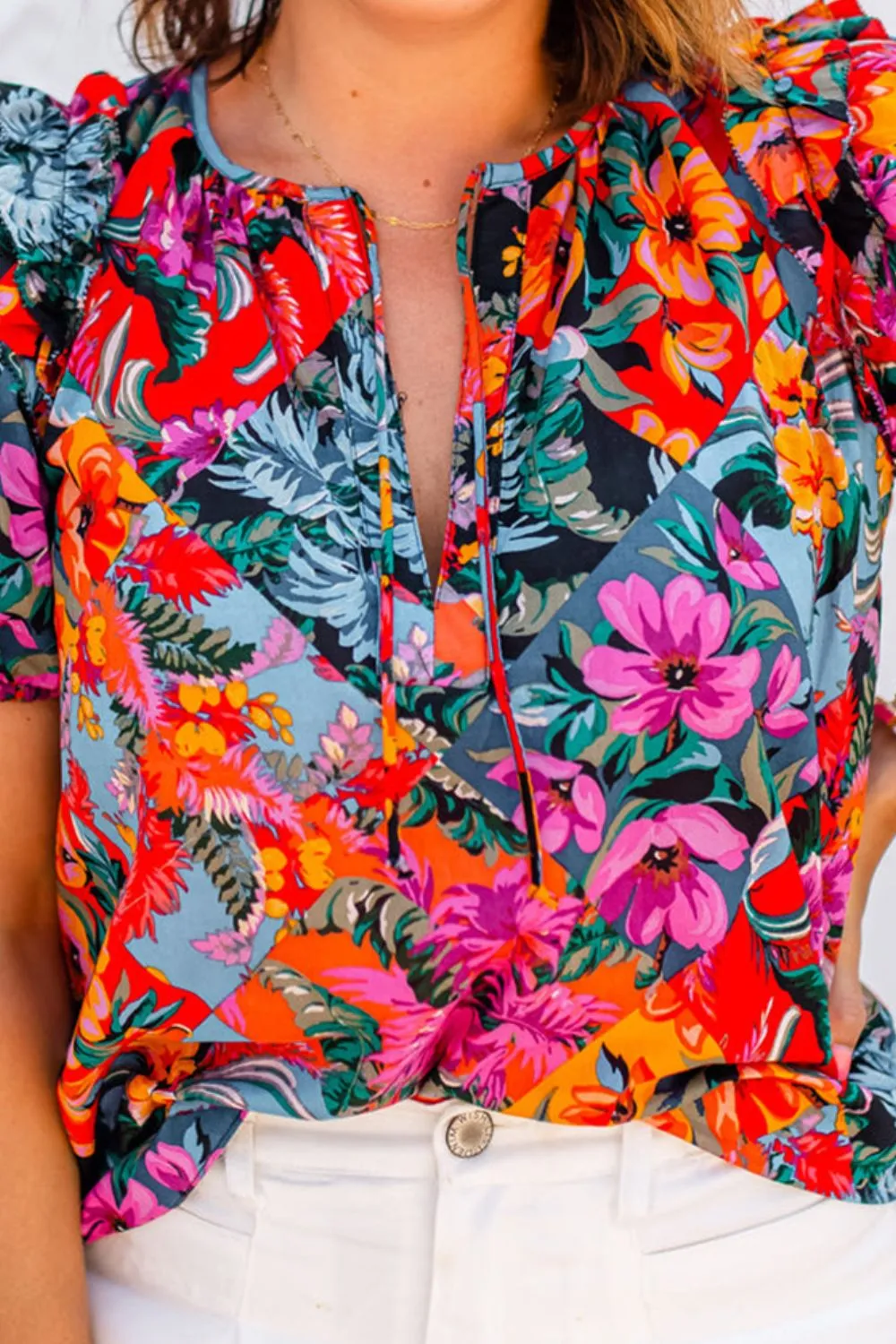 Ruffled Printed Tie Neck Short Sleeve Blouse sold by Charming Charlie product image thumbnail 3