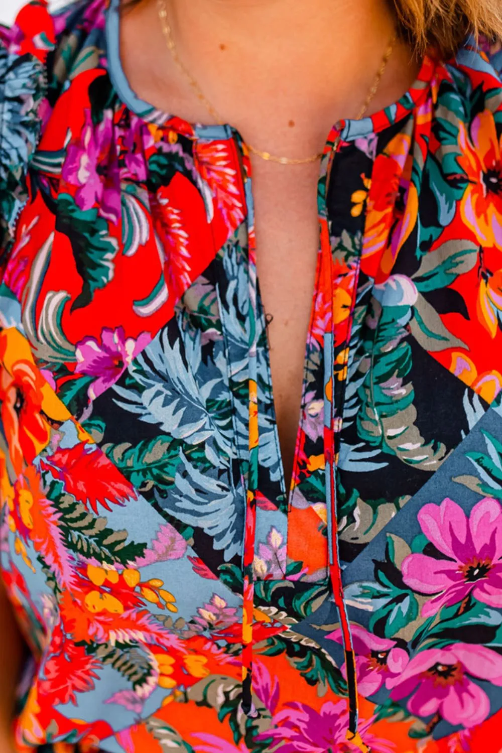 Ruffled Printed Tie Neck Short Sleeve Blouse sold by Charming Charlie product image thumbnail 2