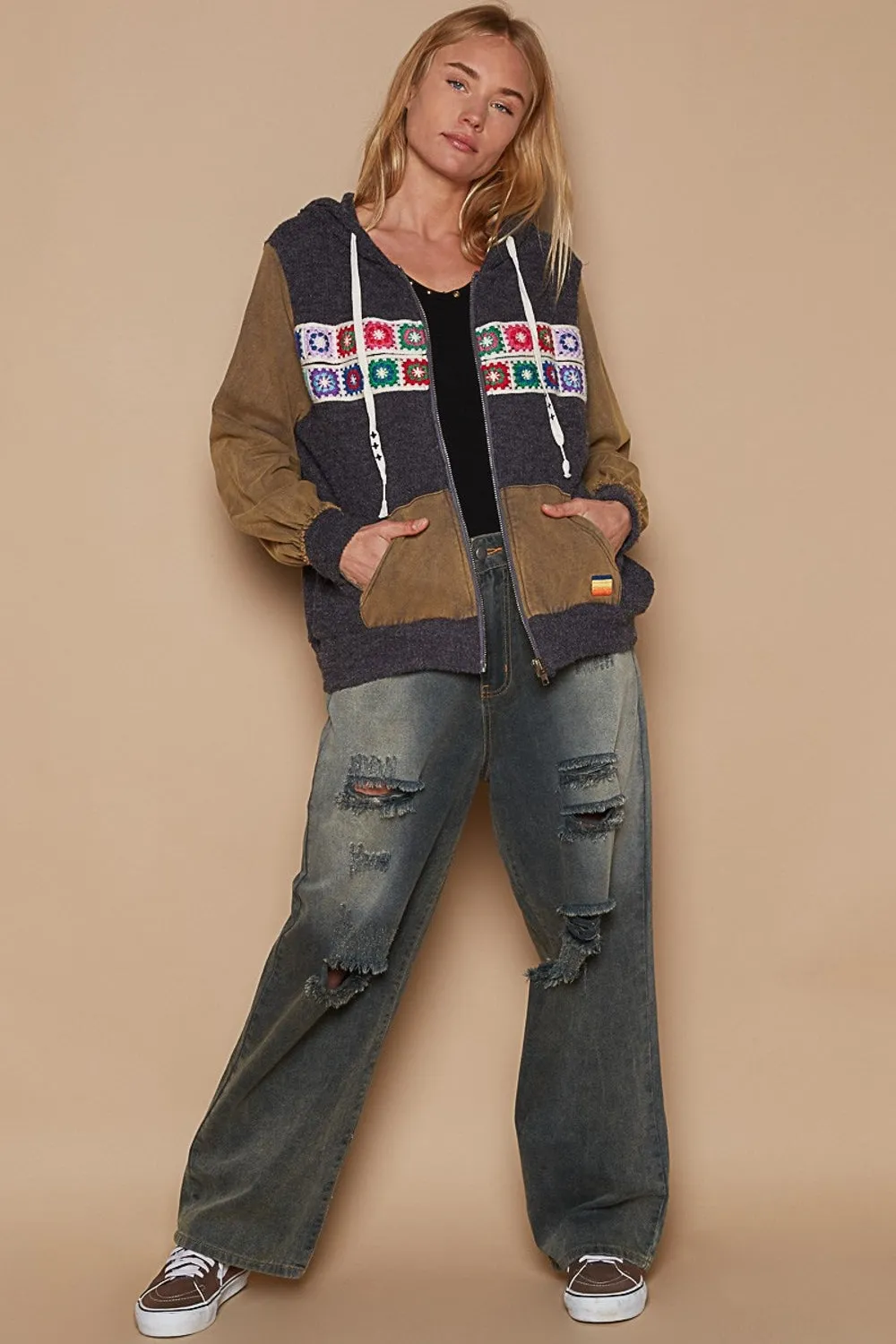 POL Contrast Square Patch Pattern Hooded Zipper Jacket sold by Charming Charlie product image thumbnail 3