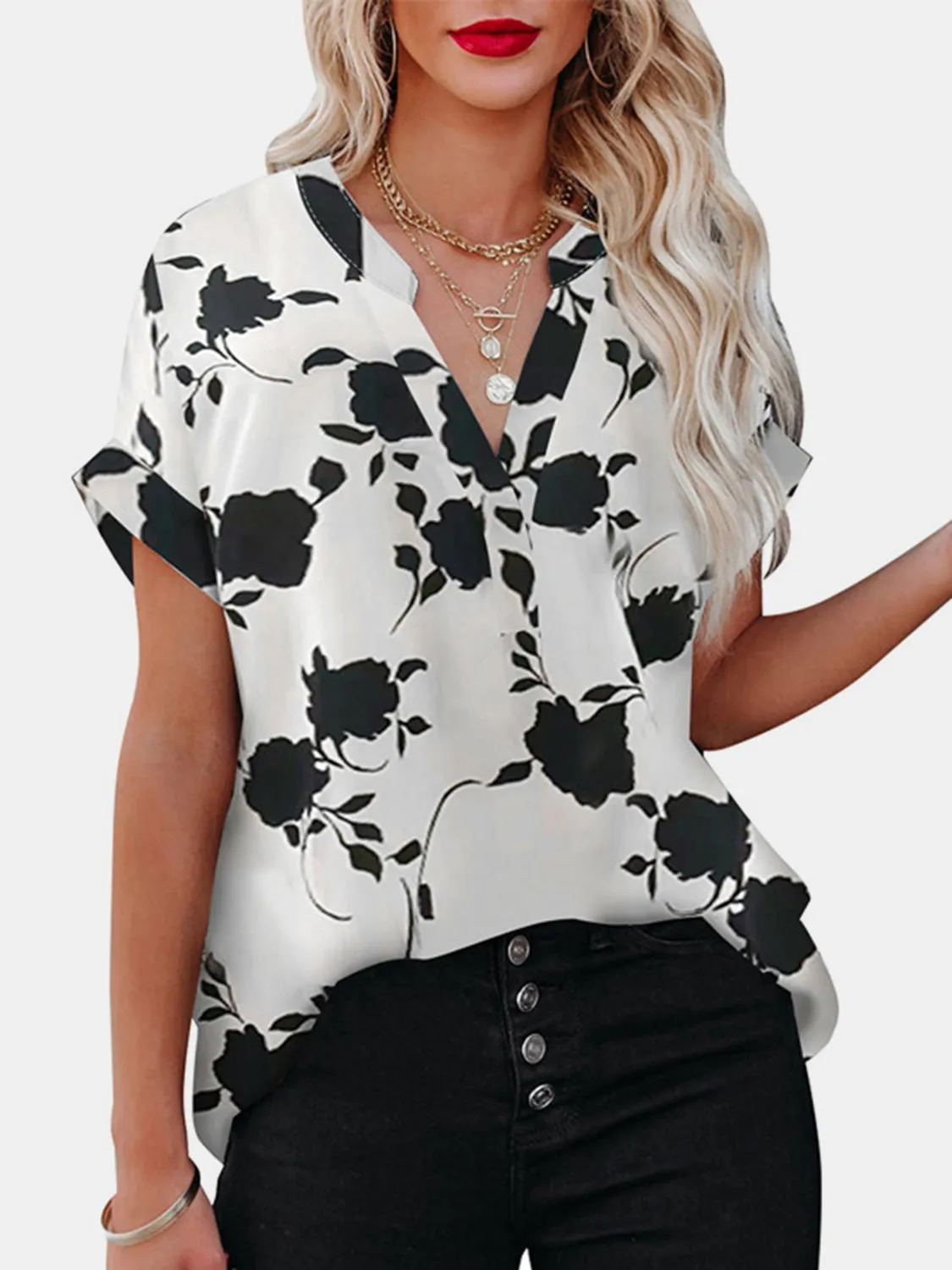 Full Size Printed Notched Short Sleeve Blouse sold by Charming Charlie product image thumbnail 3