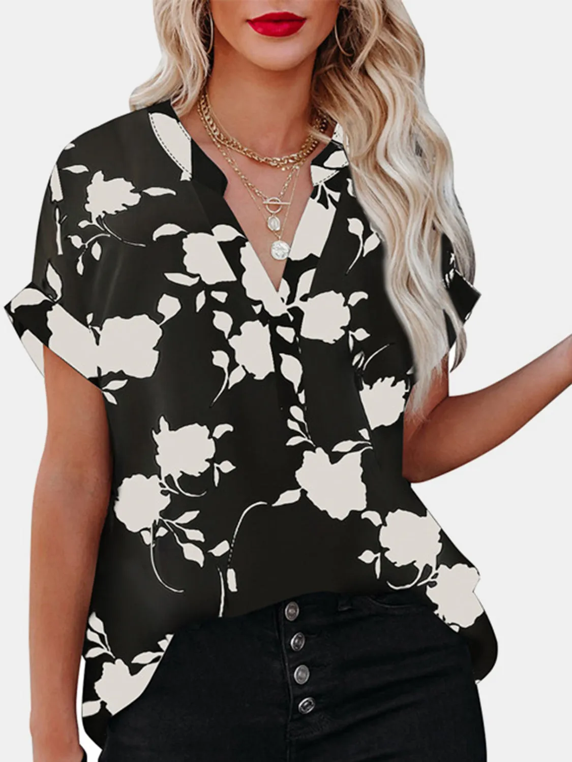 Full Size Printed Notched Short Sleeve Blouse sold by Charming Charlie product image thumbnail 4