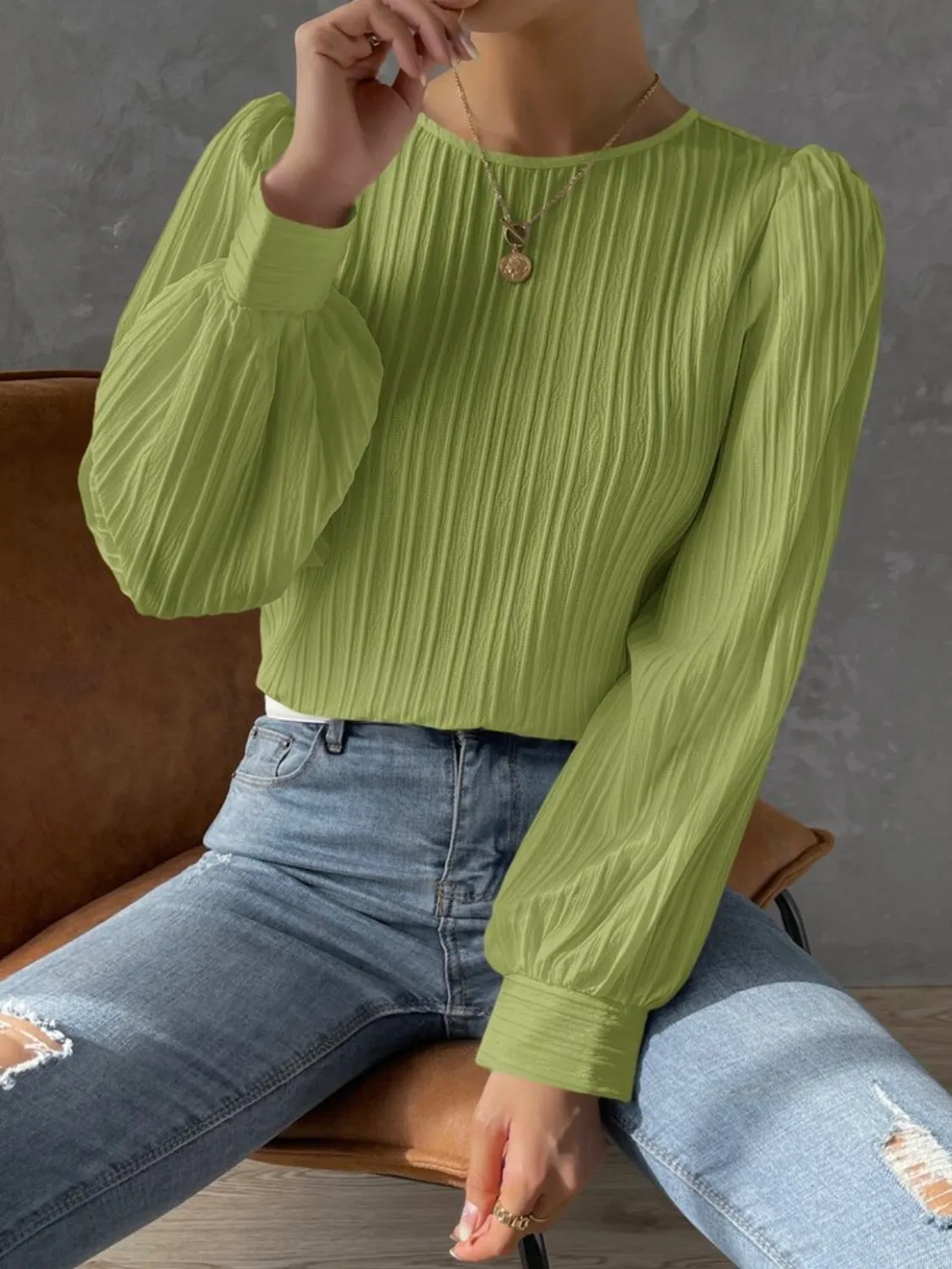 Textured Round Neck Long Sleeve Blouse sold by Charming Charlie product image thumbnail 3