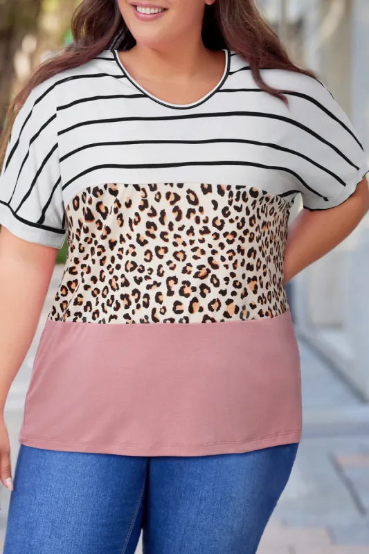 Plus Size Striped Leopard Round Neck Half Sleeve T-Shirt sold by Charming Charlie
