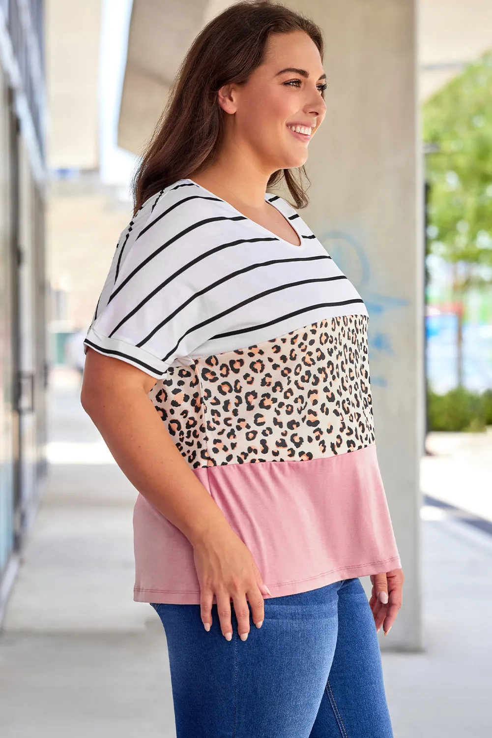 Plus Size Striped Leopard Round Neck Half Sleeve T-Shirt sold by Charming Charlie product image thumbnail 3