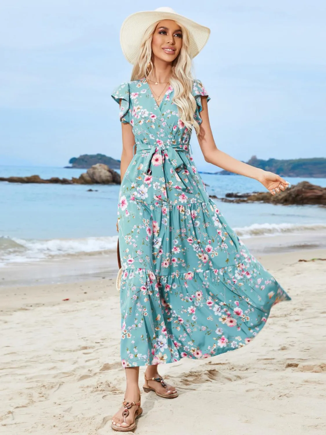Ruffled Printed Surplice Cap Sleeve Midi Dress sold by Charming Charlie product image thumbnail 4