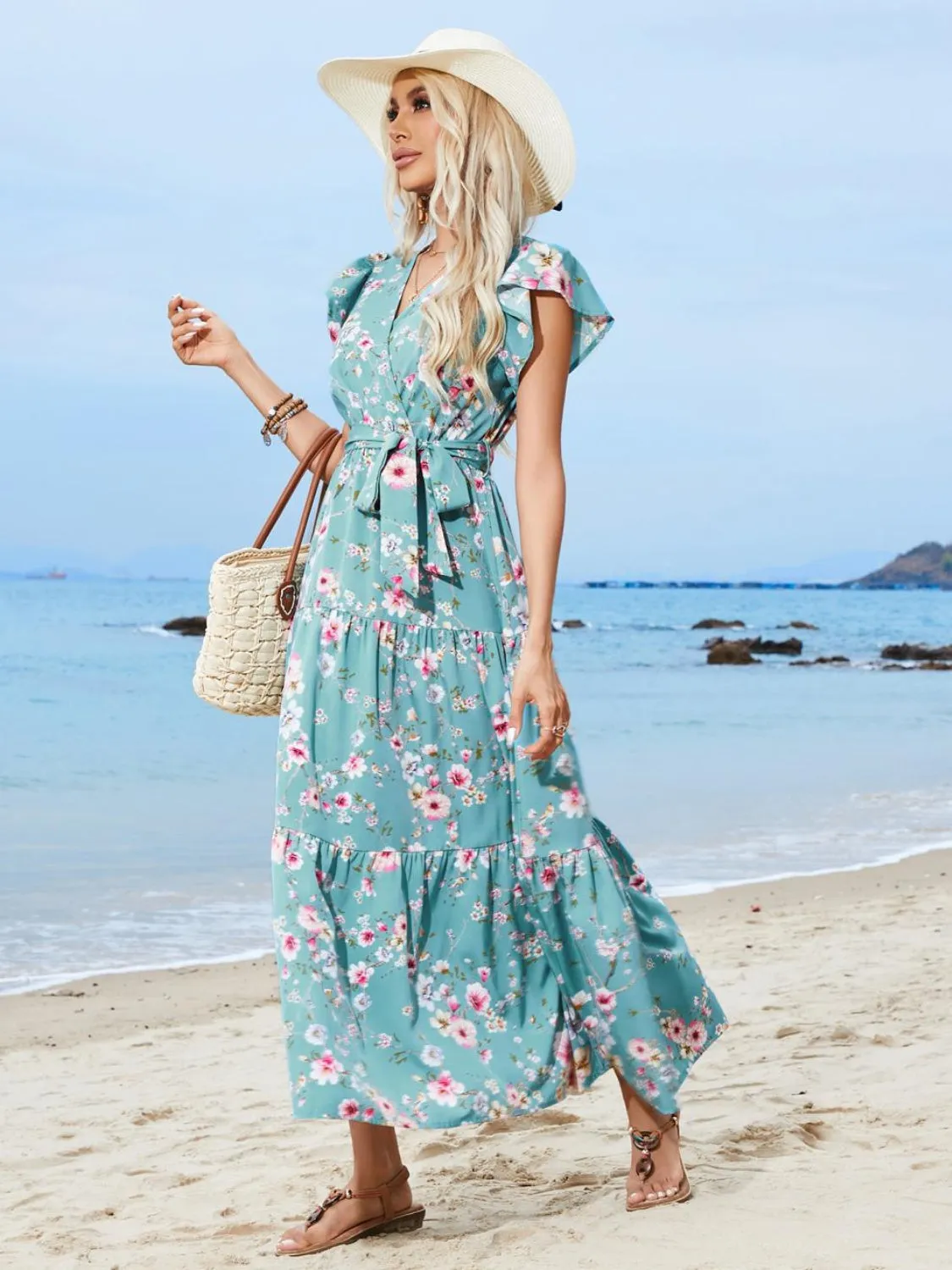 Ruffled Printed Surplice Cap Sleeve Midi Dress sold by Charming Charlie product image thumbnail 5