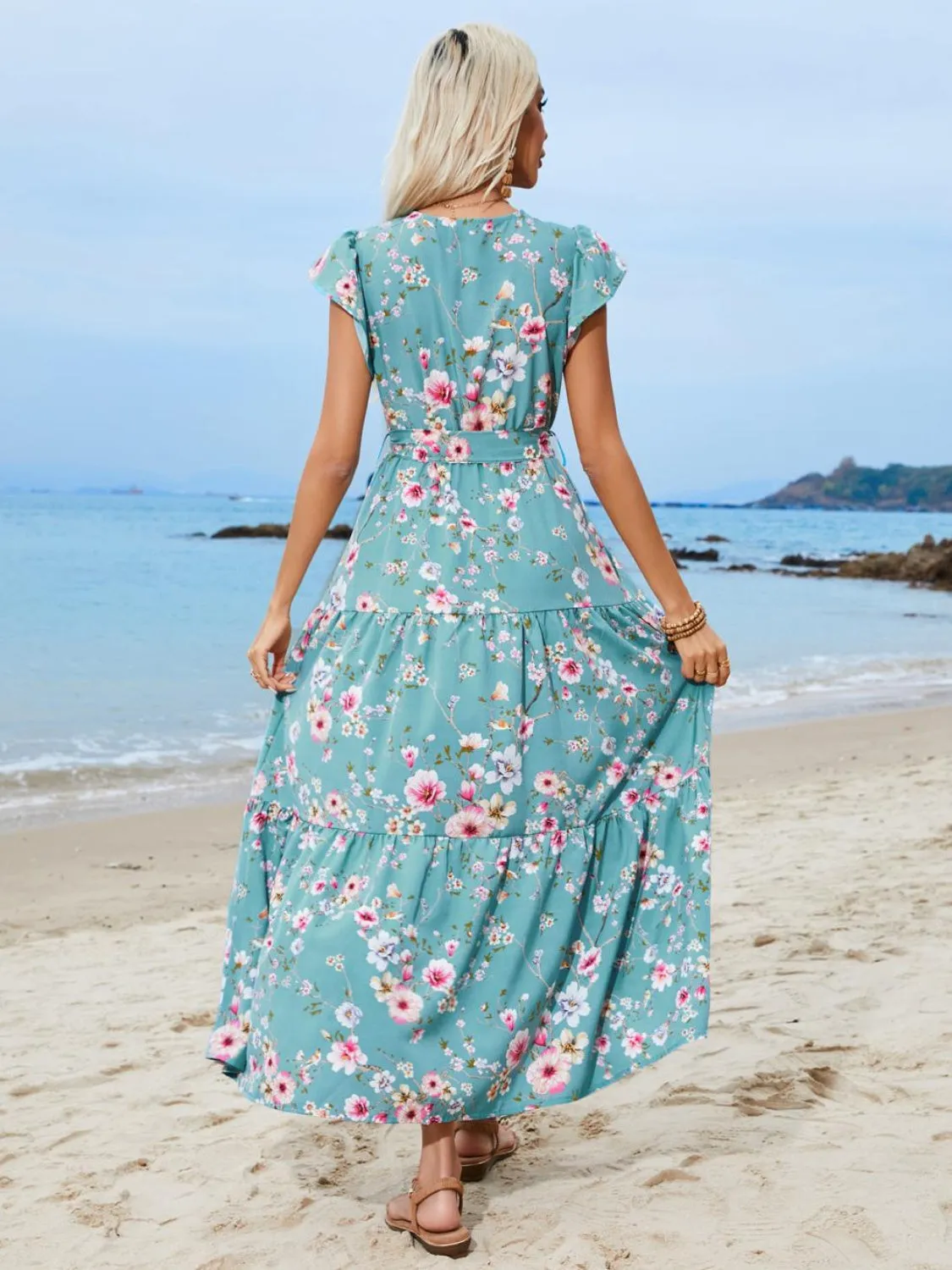Ruffled Printed Surplice Cap Sleeve Midi Dress sold by Charming Charlie product image thumbnail 2