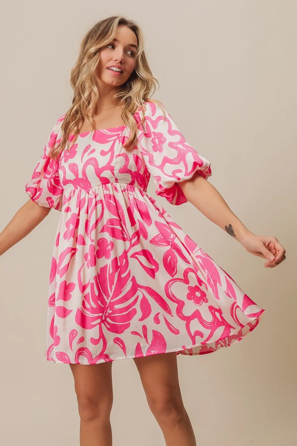 BiBi Tropical Floral Pattern Puff Sleeve Square Neck Dress sold by Charming Charlie