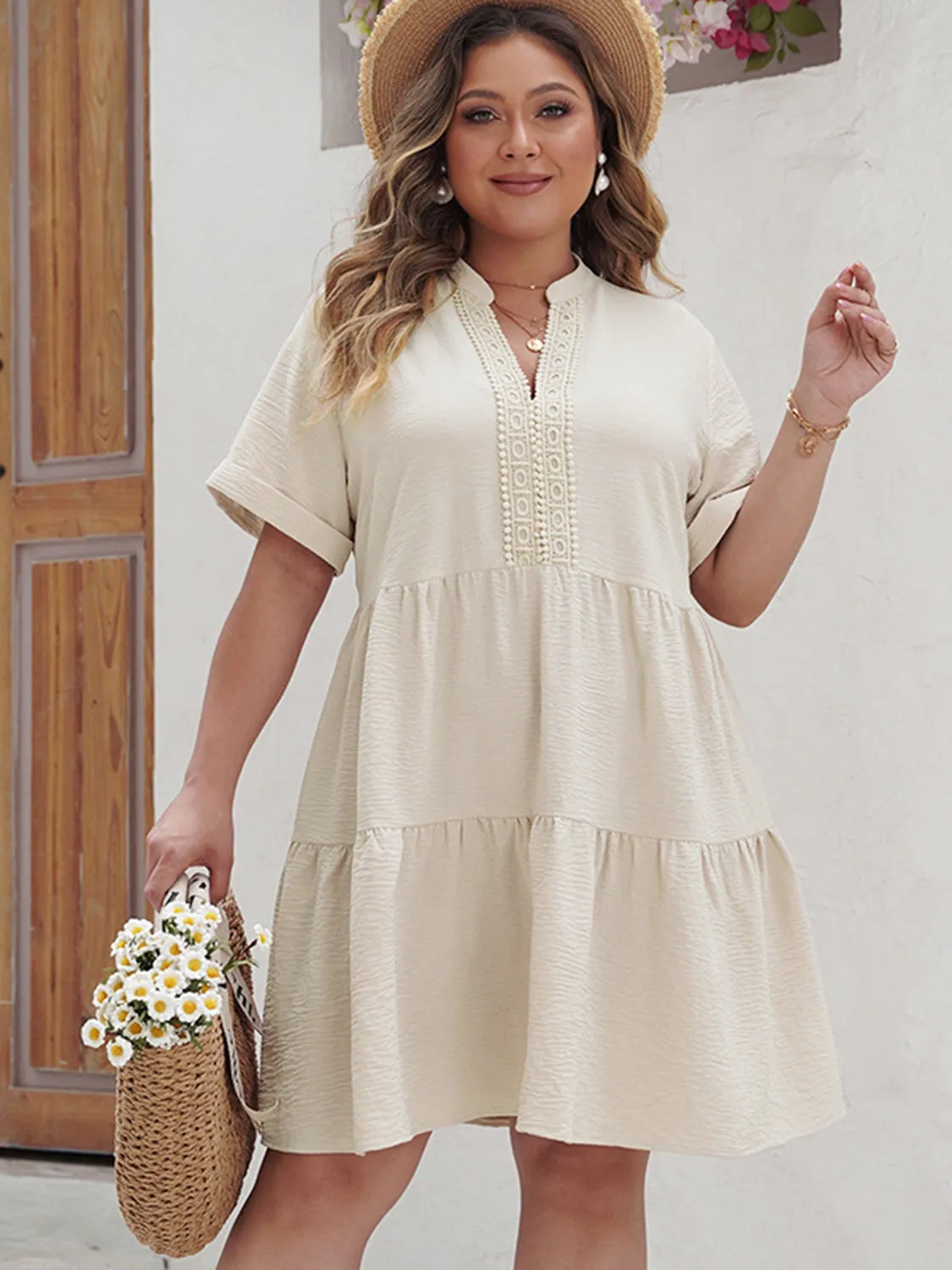Plus Size Lace Detail Notched Short Sleeve Dress sold by Charming Charlie product image thumbnail 5