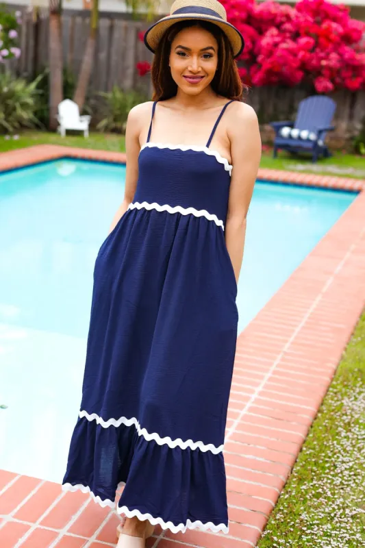 Bold & Sassy Navy Square Neck Ric Rac Trim Adjustable Straps Maxi sold by Charming Charlie