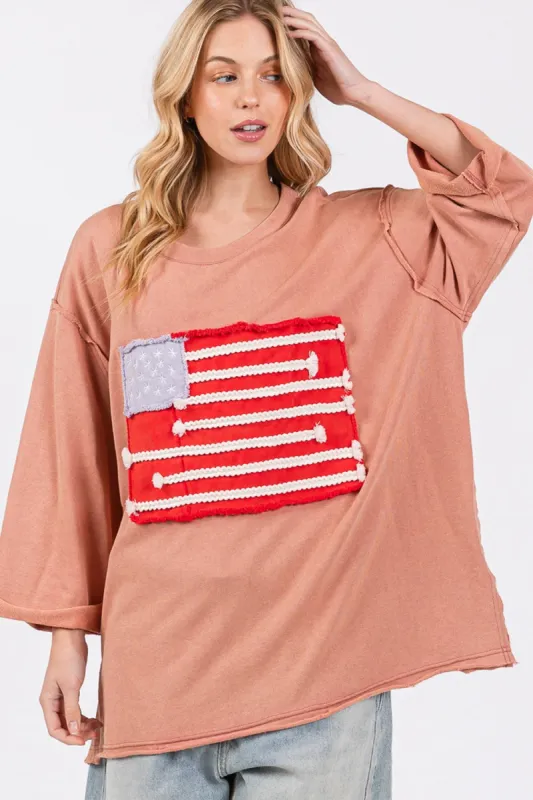 SAGE + FIG Full Size American Flag Patch Drop Shoulder T-Shirt sold by Charming Charlie