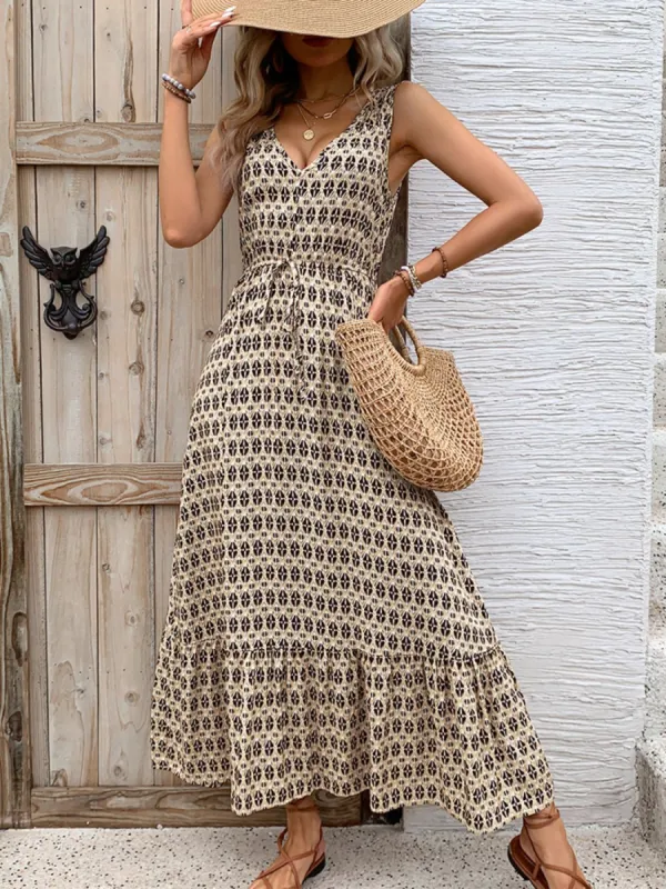 Printed V-Neck Tie Waist Midi Dress sold by Charming Charlie