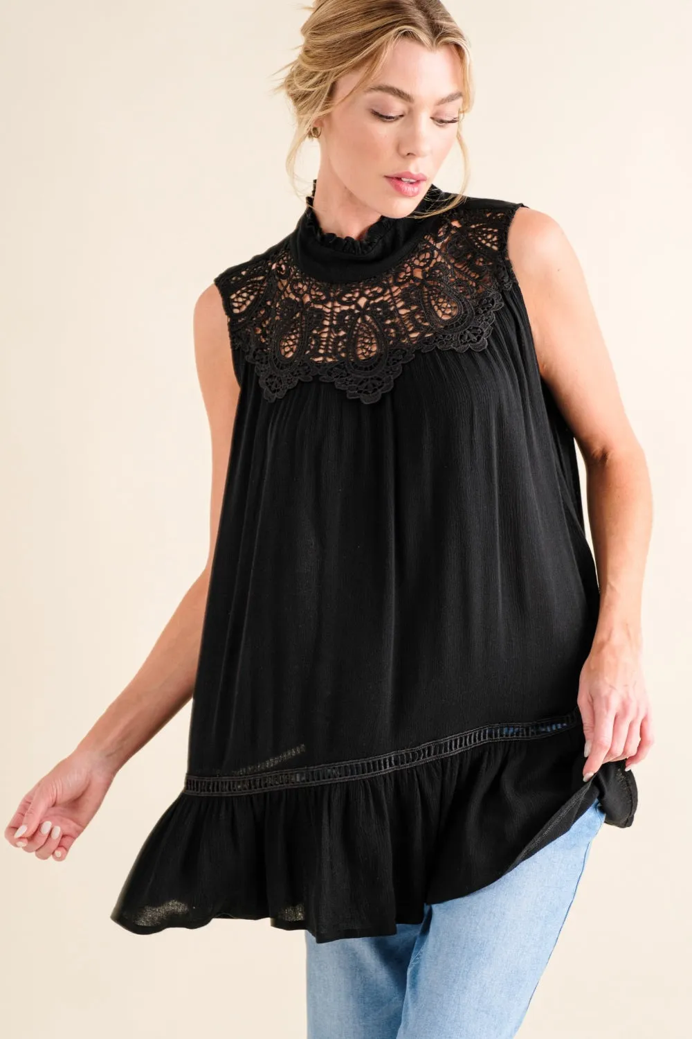 And The Why Lace Detail Sleeveless Ruffled Top sold by Charming Charlie